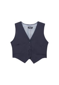 Veste sans manches bleu marine foncé avec quatre boutons devant et deux petites poches avant, posée à plat sur un fond blanc.