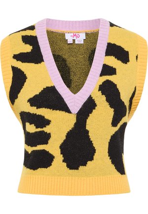 Knit sleeveless top featuring a yellow base with black leopard print, v-neck design, and a lilac ribbed collar and hem. Soft texture.