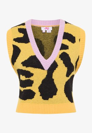 Kootud ilma varrukateta topp, millel on kollane alus musta leopardi mustriga, V-kaelusega disain ning lilakalt soonikvarrukas ja äär. Pehme tekstuur.