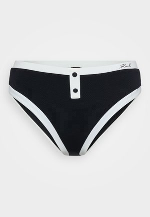 Svart teksturert bikini-bunn med hvite detaljer, med en bred midjebånd og knappdetalj foran.