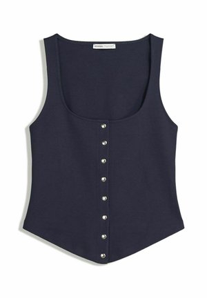 Sleeveless dark navy tank top with scoop neckline and front row of seven silver snap buttons, slightly flared hem.
