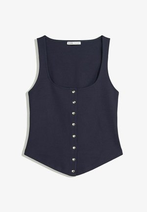 Sleeveless dark navy tank top with scoop neckline and front row of seven silver snap buttons, slightly flared hem.