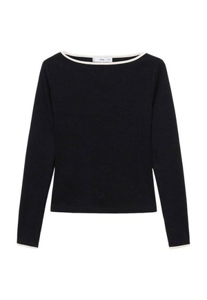 Black long-sleeve top with a round neckline, featuring a contrasting light-colored trim. Made from a soft, textured material.