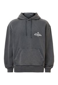 Czarny szary hoodie z kangurzą kieszenią, regulowanym kapturem na sznurki i białymi detalami logo na klatce piersiowej. Wykonany z miękkiej mieszanki bawełny.