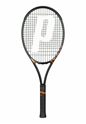 Raqueta de tenis Prince negra y naranja con el logotipo blanco "P" en las cuerdas y un mango acolchado negro.