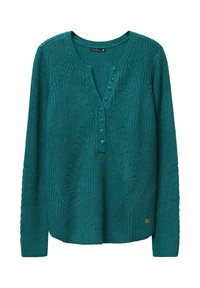 Maglione lavorato a maglia color teal con maniche lunghe, motivo testurizzato, patta con bottoni e dettaglio del logo sull'orlo. Tessuto morbido con una leggera lucentezza.