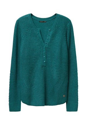 Teal gebreide trui met lange mouwen, textuurpatroon, knopenlijst en logo-accent aan de zoom. Zachte stof met een lichte glans.