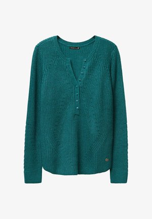 Maglione lavorato a maglia color teal con maniche lunghe, motivo testurizzato, patta con bottoni e dettaglio del logo sull'orlo. Tessuto morbido con una leggera lucentezza.
