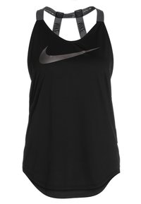 Mustan Nike-naisten urheilullinen hihaton paita, jossa on urheilulliset takaolkapäätyt. Paidassa on harmaita Nike-logoja ja suuri harmaa Nike-swoosh rinnassa.