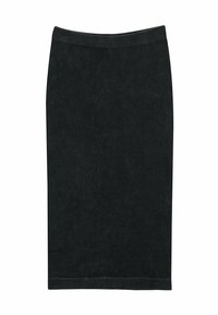 Jupe crayon noire côtelée avec une silhouette ajustée, taille élastique et un tissu lisse et texturé. L'ourlet est droit et bien coupé.