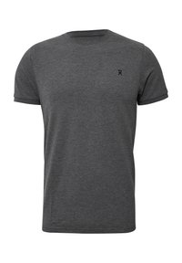 Kortærmet grå t-shirt lavet af blødt stof, med rund halsudskæring og et lille sort logo på venstre brystområde.