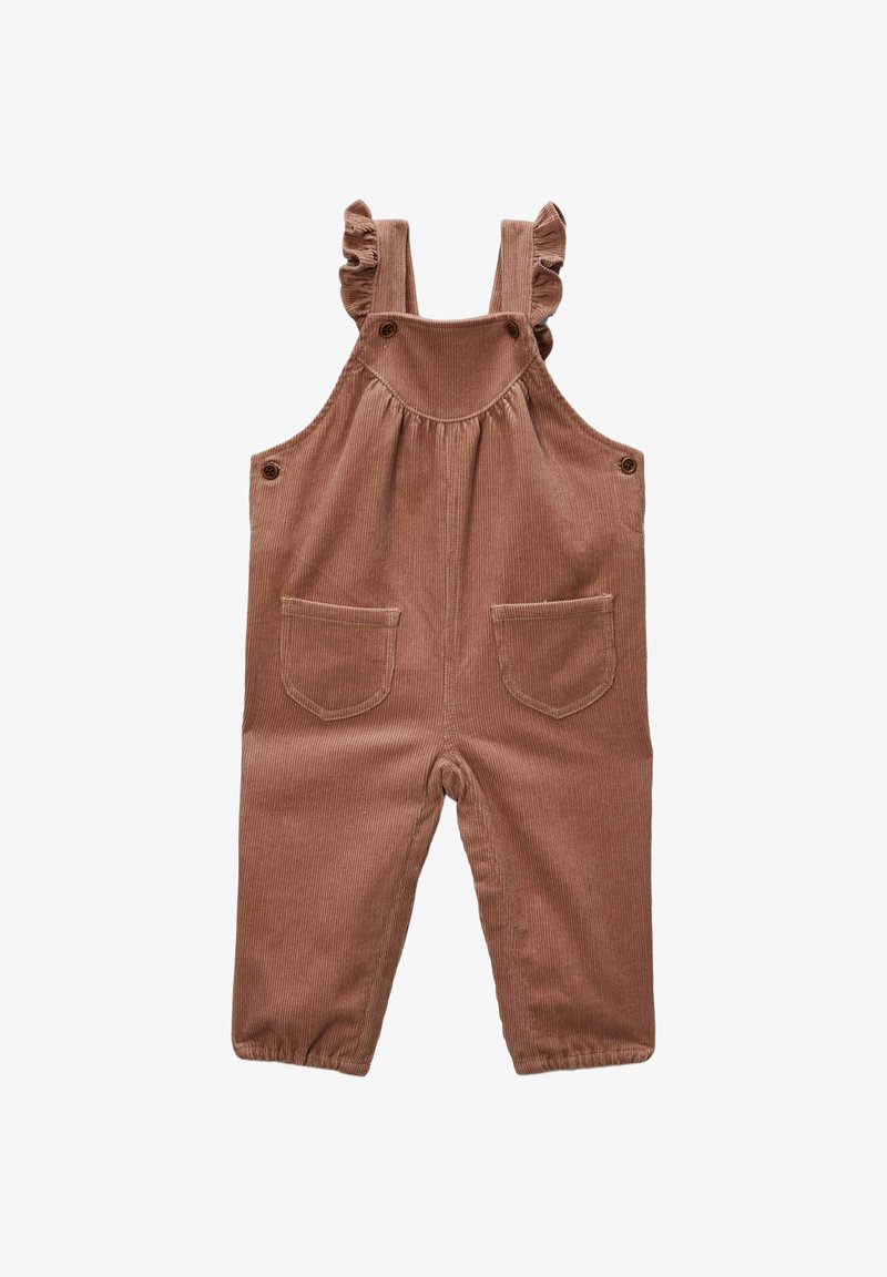 Salopette en velours côtelé marron avec des bretelles ruffles, deux poches avant et une coupe décontractée, dotée de fermetures à boutons aux épaules.