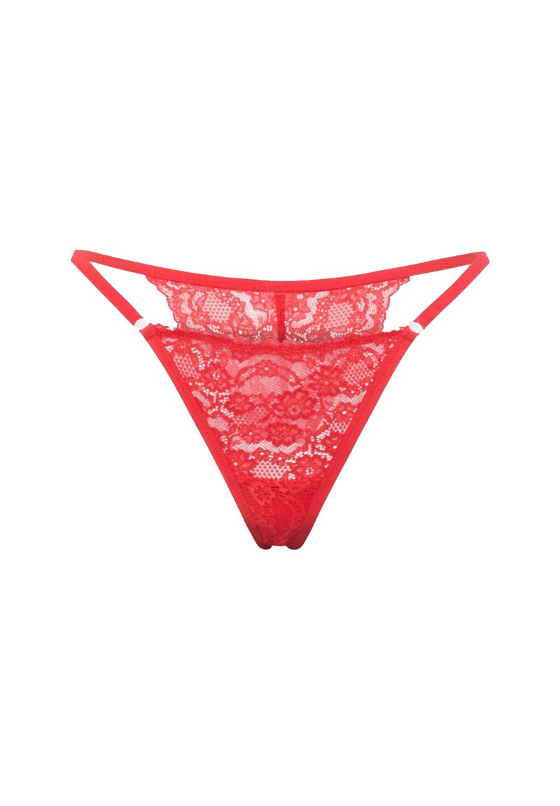 String en dentelle rouge avec motifs floraux transparents, côtés étroits et bretelles réglables. Comprend une ceinture rouge unie et des détails de finition délicats.