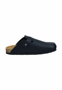 Black clogs with a rounded toe, made of smooth synthetic material. Features a cork footbed and a side strap with a metal snap detail.