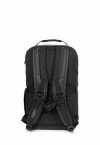 Black backpack with padded, mesh back and shoulder straps. Features a top handle and adjustable straps, showcasing a sleek, functional design.
