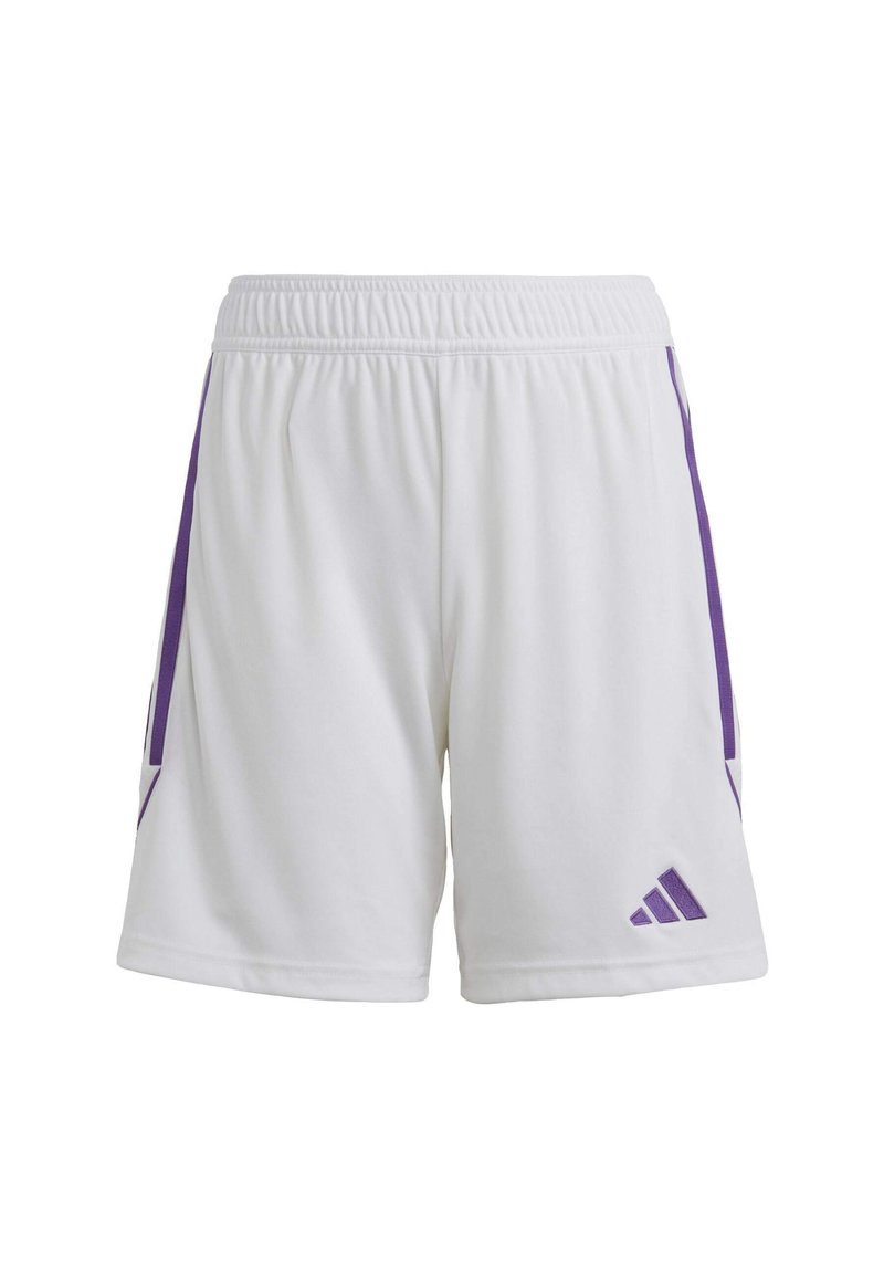 Witte sportieve shorts met een elastische tailleband, voorzien van paarse zijaccenten en een klein paars logo aan de onderzijde rechts.