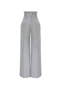 Spodnie o szerokich nogawkach w jasnoszarym kolorze, z wysokim stanem i ozdobnym guzikiem oraz fałdami z przodu. Gładka tekstura, dopasowany krój.