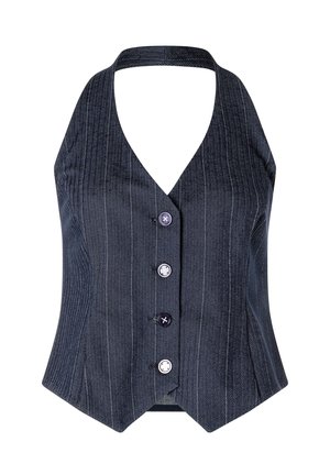 Donkerblauw visgraatvest met een diepe V-hals, halterontwerp en vijf knopen. Bevat verticale streepjes en een pasvorm op maat.