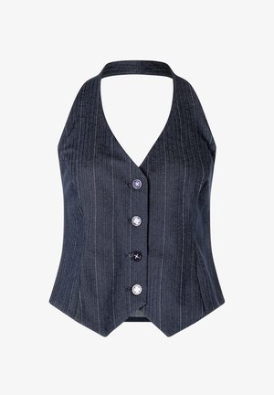Dark blue herringbone vest with a deep V-neck, halter design, and five buttons. Features vertical pinstripes and tailored fit.