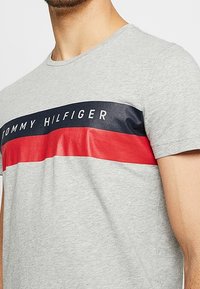 Harmaa puuvillapaita, jossa on vaakasuora laivaston sininen ja punainen raita sekä "TOMMY HILFIGER" -teksti. Pyöreä kaula-aukko, lyhyet hihat, sileä pinta.