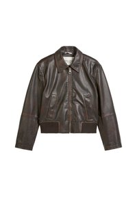 Bruine leren jas met een cropped ontwerp, ritssluiting aan de voorkant, twee zijzakken en geribbelde tailleband en manchetten. Glad oppervlak met contrasterende naden.