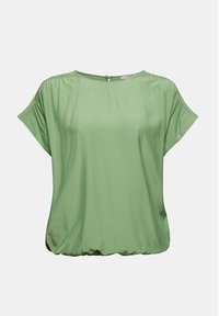 Blouse verte claire à manches courtes avec encolure ronde, épaules froncées et ourlet élastiqué sur un fond uni.