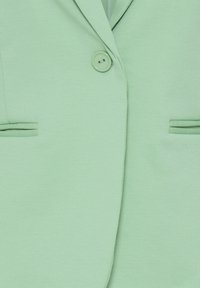 Blazer vert clair avec fermeture à un bouton et deux poches fentes horizontales à l'avant.