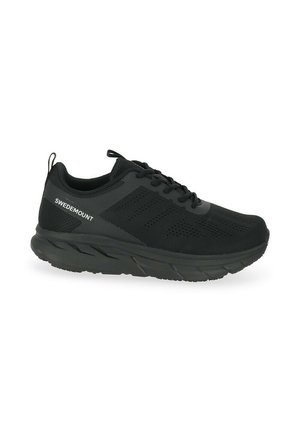 Czarne buty sportowe z siateczkowymi panelami, zaokrąglonym noskiem i teksturowaną podeszwą. Posiadają lekką konstrukcję oraz pętlę z tyłu.
