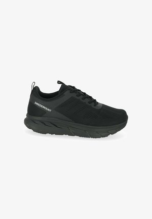 Black athletic shoe with mesh panels, rounded toe, and textured sole. Features lightweight construction and a pull tab at the back.