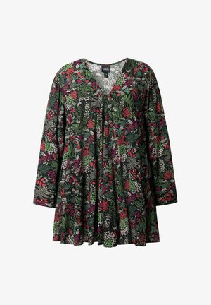 Vestito a maniche lunghe con stampa floreale, scollo a V, sfondo nero e silhouette svasata con motivi botanici verdi, rossi e bianchi.