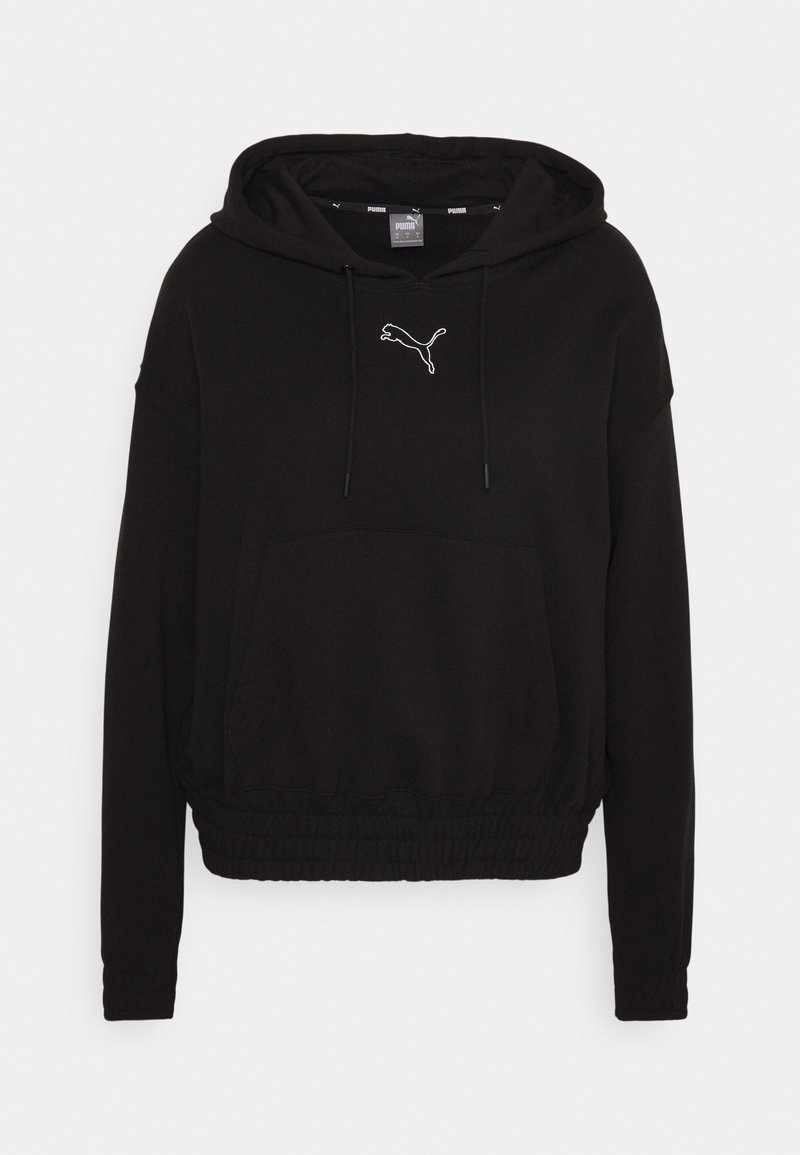 Sweat à capuche noir Puma avec poche kangourou à l'avant, capuche à cordon, taille élastique et logo Puma blanc centré sur la poitrine.