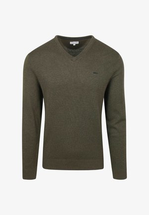 V-hals trui van olijfgroen breiwerk. Lange mouwen met geribbelde manchetten en zoom. Heeft een klein logo op de borst. Zachte textuur.