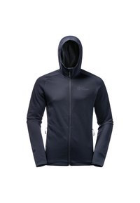 Giacca con cappuccio di colore blu scuro, realizzata in tessuto elasticizzato. Presenta due tasche laterali con zipper e un logo discreto sul petto. Ha un design aderente.