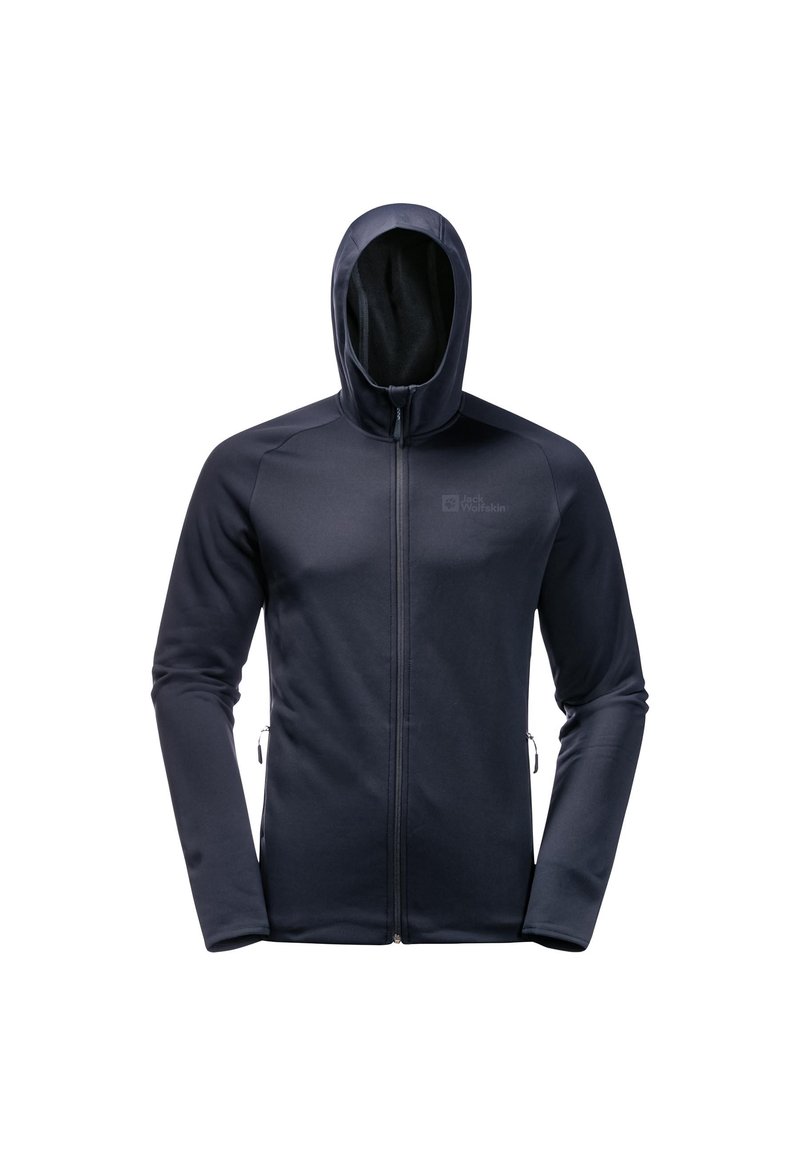 Giacca con cappuccio di colore blu scuro, realizzata in tessuto elasticizzato. Presenta due tasche laterali con zipper e un logo discreto sul petto. Ha un design aderente.