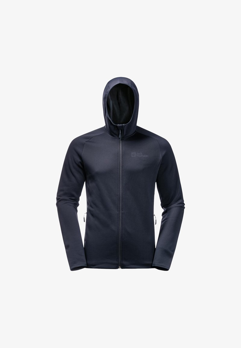 Giacca con cappuccio di colore blu scuro, realizzata in tessuto elasticizzato. Presenta due tasche laterali con zipper e un logo discreto sul petto. Ha un design aderente.