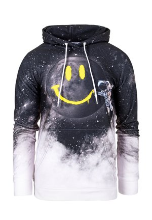 Black hoodie featuring a galaxy print, a large yellow smiley face, and an astronaut design. Drawstrings and a front pouch pocket included.