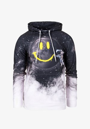 Mustapaita, jossa on galaksin tulostus, suuri keltainen hymyilevä naama ja astronauttimuotoilu. Mukana narut ja etutasku.