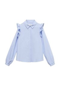 Vaaleansininen paita, jossa on rypytetyt olkaimet, pitkät hihat ja napillinen etuosa. Ominaisuuksina klassinen kaulus ja raidallinen kuvio.