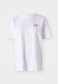 Witte katoenen t-shirt met korte mouwen, ronde halslijn, met een klein roze geborduurd logo aan de voorkant. Eenvoudig ontwerp, geen patronen.