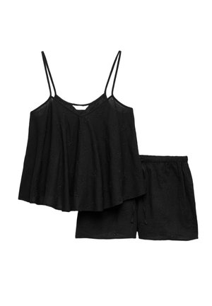 Czarny top bez rękawów z cienkimi ramiączkami i dopasowane czarne elastyczne szorty z wysokim stanem, oba z subtelnym kwiatowym haftem.
