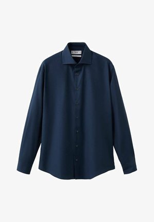 Camisa de manga larga azul marino en tejido liso, con cuello clásico y cierre frontal de botones a juego, y dobladillo recto.