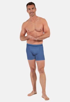 Blue boxer shorts feature a snug fit and a smooth texture. The waistband is embossed with the brand name. Worn by an adult male.