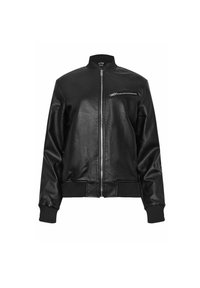 Svart läderbombarjacka med ribbad krage och manschetter, framsida med dragkedjestängning och en liten dragkedjeficka på bröstet. Slät textur.