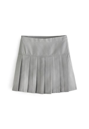 Jupe plissée grise avec une taille plate, fabriquée à partir d'un tissu lisse, dotée de plis verticaux régulièrement espacés pour une texture supplémentaire.