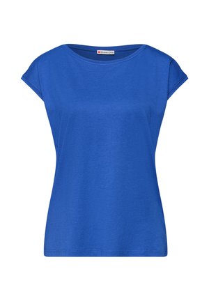 Blå kortærmet dametop i bomuld med rund halsudskæring og små opkrøllede manchetter, mærket "Street One" på indersiden af kraven.