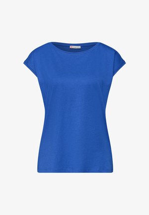 Blauw dames katoenen T-shirt met korte mouwen, een ronde hals en kleine opgerolde manchetten, met het label "Street One" aan de binnenkant van de kraag.