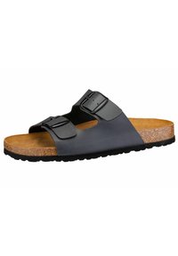 Black two-strap sandal with adjustable buckles, cork footbed, textured rubber sole, and open-toe design.