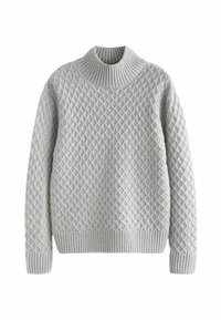 Hellgrauer Strickpullover mit einem strukturierten Rautenmuster, geripptem Rollkragen sowie gerippten Bündchen und Saum. Weicher Stofffinish.