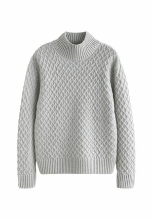 Hellgrauer Strickpullover mit einem strukturierten Rautenmuster, geripptem Rollkragen sowie gerippten Bündchen und Saum. Weicher Stofffinish.