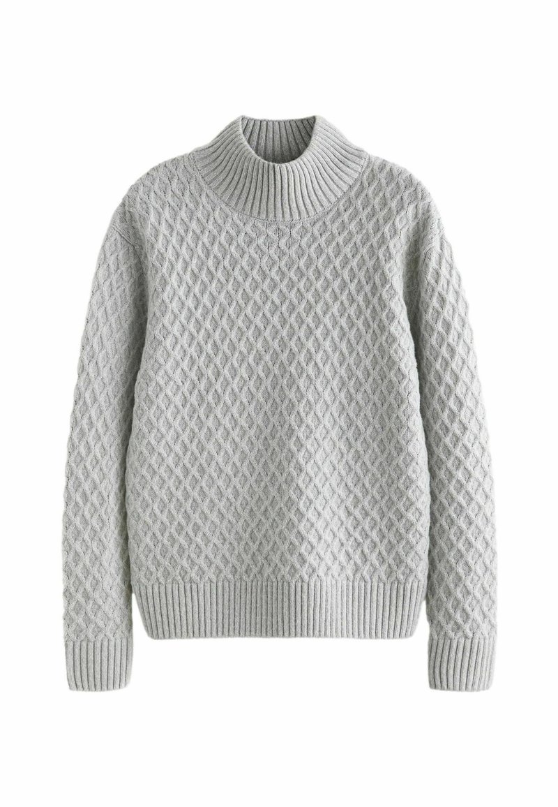 Hellgrauer Strickpullover mit einem strukturierten Rautenmuster, geripptem Rollkragen sowie gerippten Bündchen und Saum. Weicher Stofffinish.